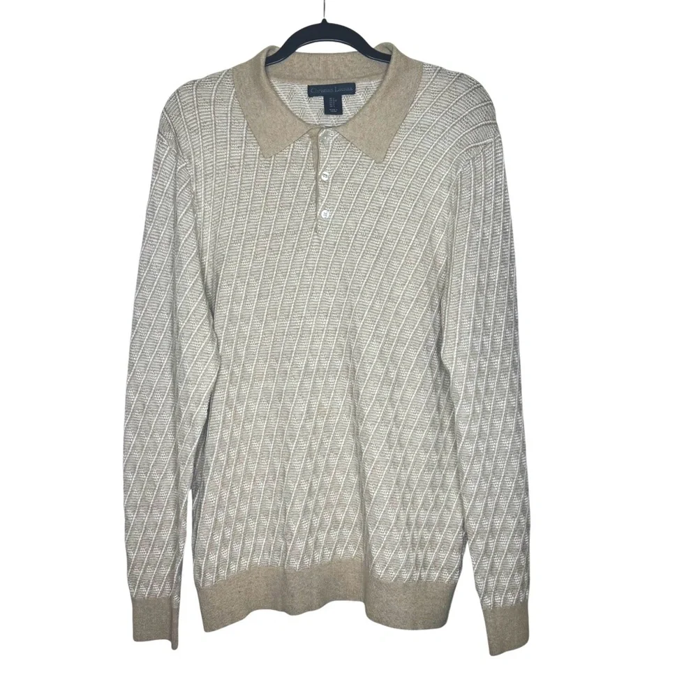 Christian Lacroix Long Sleeve Tan & White Pullover Polo Sweater Men's‎ LARGE